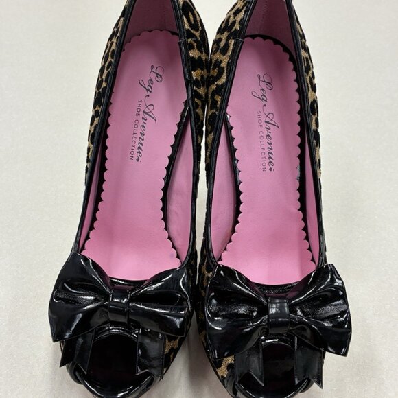 Leg Avenue Black Gold Leopard Peeptoe Heels Pumps Bows Shoes - Picture 2 of 6